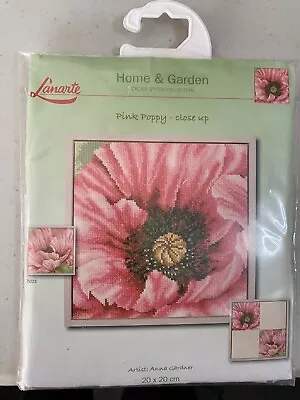 147 Lanarte 35022A Pink Poppy Close Up Flower Cross Stitch Full Kit 20x20cm • £23