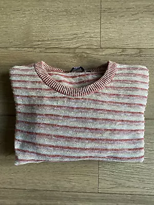 Hugo Boss Men's Jumper Size 2XL Red Orange Slim Fit Stripe Cotton Linen Pullover • £24.85