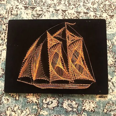 Vintage Mid Century SHIP  String Art With  Nails/ 70s Retro Nautical Velvet • $35.99