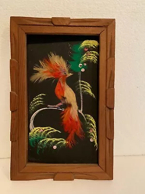 Vintage Mexican Feather Craft Hand Carved Cedar Frame Folk Art 5 X 8 • $19.99