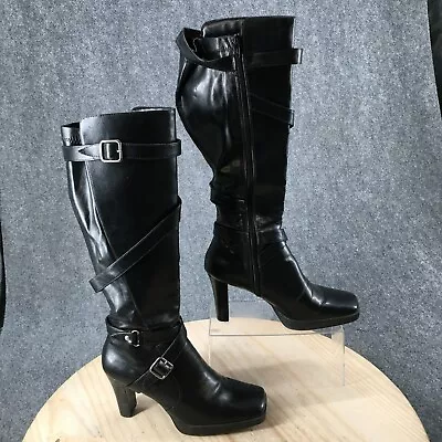 Skechers Boots Womens 8.5 Tall Knee High Black Casual Square Toe Buckle Zip • $40.99