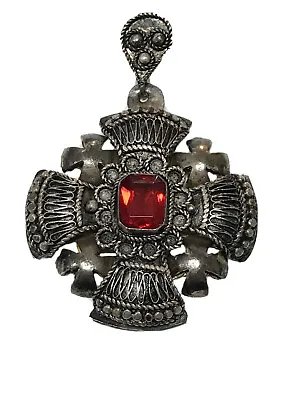 $99.99 • Buy Jerusalem 950 Sterling Silver Handmade Heraldic Crusader Cross Ruby Red Pendant