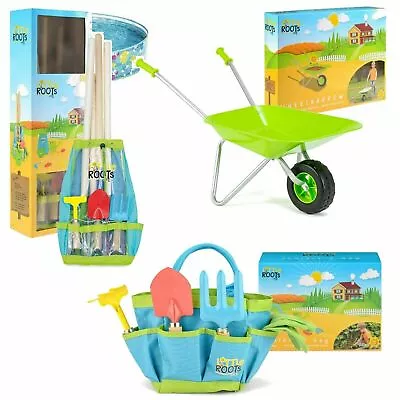 Little Roots Kids Metal Wheelbarrow Or Gardening Tools Spade & Rake Tool Kit Set • £13.95