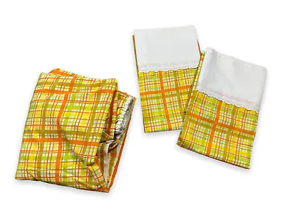 Vtg 70s Retro Springmaid Double Fitted Bed Sheet 2 Pillowcases Orange Yellow • $24.99