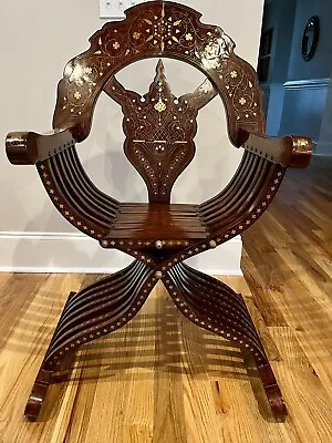 Vintage Traditional Middle Eastern Teak Brass Inlaid Savonarola Chair! Gorgeous • $450