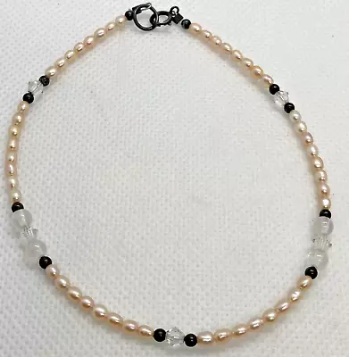 Vintage Light Pink Rice Pearl Beaded Sterling 925 Silver Anklet 9.5'' 3g Patina • $14.99