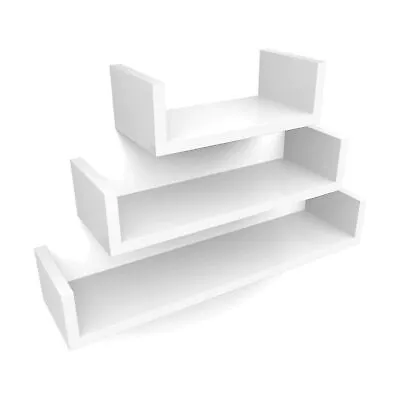 NEW! Set Of 3 White U-Shaped Floating Wooden MDF Wall Shelves DIY Home Storage • £15.99