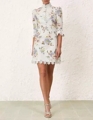 Zimmermann APPLIQUE Crochet-Trimmed Floral-Print Linen Mini Dress In Blue Floral • $468