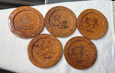 5 Hawaiian Koa Wood 4.25” Foam Backed Hawaiian Themed Stenciled Coasters • $11.99