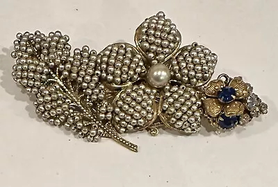 Unsigned Vintage Miriam Haskell Clear & Blue Rhinestone Faux Pearl Floral Brooch • $150