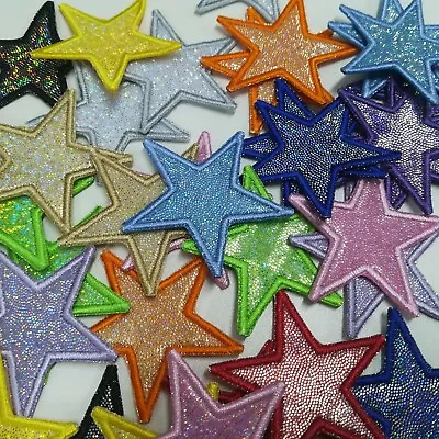 Shiny Hologram Fabric Stars Star Patch Motif Fabric Sewing Trimming • £5.50