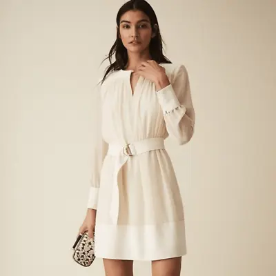 Reiss Off White Cream Finn Soft Sheer Shapeless Pleated Long Sleeve Dress Size 6 • $98