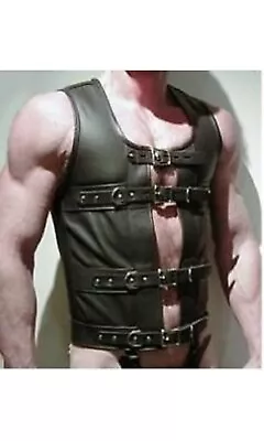 Mens Genuine Black Leather Corset Cincher Fully Lockable Male Corset Heavy Duty • $104.99