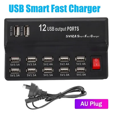 $26.99 • Buy 12A 12 Port Desktop USB Rapid Charger Station Wall HUB Charging Power Cable AU