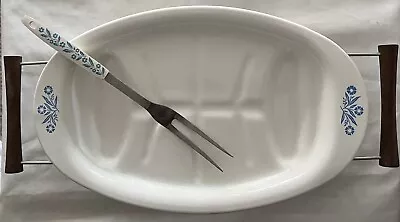 Corning Ware Blue Cornflower P-19 Serving Meat Platter W/Metal Wood Rack & Fork • $75