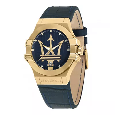 Maserati Potenza Gold Stainless Steel Blue Leather Strap Men Watch. R8851108035 • $255