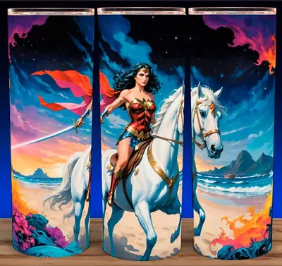 Wonder Woman Super Hero On Horse Cup Mug Tumbler 20oz With Lid And Straw • £19.25