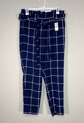 Express Ankle High Rise Pants Women's 6 Short Blue Windowpane Plaid Belted NWT • £20.89