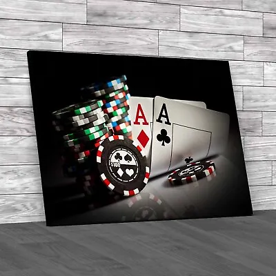 Dark Casino Gambling Chips Aces Playing Cards Canvas Print Large Picture Wall • £14.95