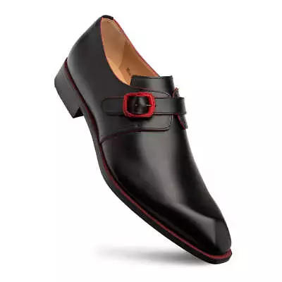 NEW Mezlan Dress Shoes Single Profumo Monk Strap Leather Black W Red Accents • $395