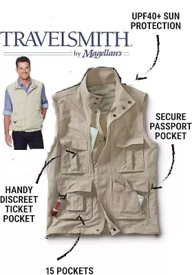 Travelsmith Mens Size XL Voyager 15-Pocket Lightweight Nylon Travel Vest NWT $99 • $44.99