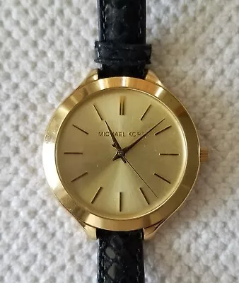 Michael Kors Gold Tone Watch Double Wrap Black Leather 5.5 -6.5  New Battery • $19.99