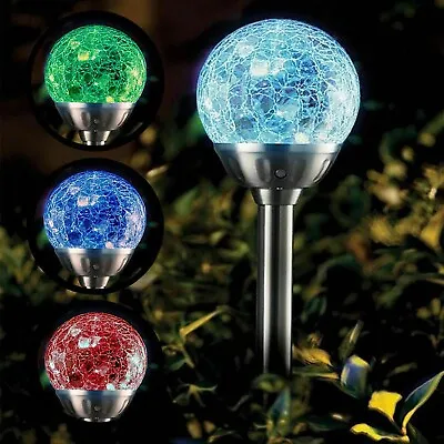 Solar Powered Color Changing Led Globe Crackle Glass Ball Garden Stake Lights 3x • £11.95