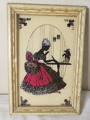 Vintage Handmade Foil Art Picture  Girl At Desk   Framed 5 X 8 • $17.99