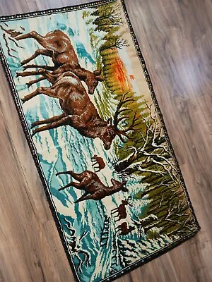 Vintage Tapestry Rug BULL Cow Elk Deer Man Cave 39”x 20”  Vtg • $44.95