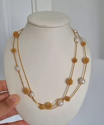 £19.99 • Buy Long Vintage Necklace Faux Pearls And Coiled Beehive Gold Tone Metal Bead..