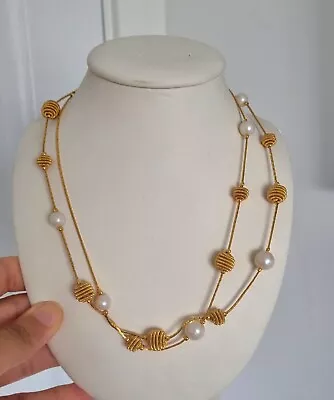 £19.99 • Buy Long Vintage Necklace Faux Pearls And Coiled Beehive Gold Tone Metal Bead..