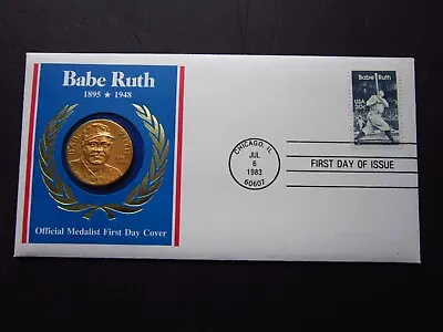 BABE RUTH Baseball Official Medalist First Day Cover Bronze Medal 1983 Stamp COA • $16.90