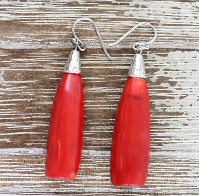 Vintage Sterling Silver Natural Coral Dangle Drop Earrings 925 Pretty • $57.80