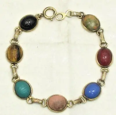 Estate Vintage 12k Gold Filled Carved Scarab Stone Tiger Eye Carnelian Bracelet • $34.99