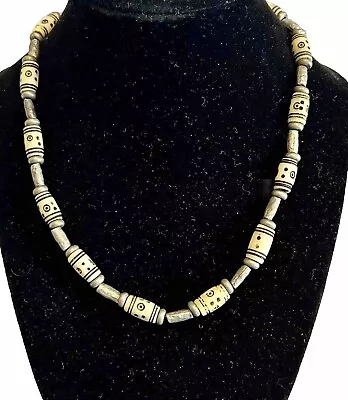 Carved Yak Bone Necklace Tibetan Choker Tribal Mixed Metal Beads 17” On Wire • $17.50