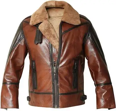Men's RAF Aviator Pilot B3 Flying Bomber Shearling Fur Brown Real Leather Jacket • $219.99