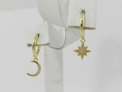 $4.25 • Buy AQUA Pavé Star & Moon Charm Mismatch Huggie Hoop Earrings In 18K Gold Plate