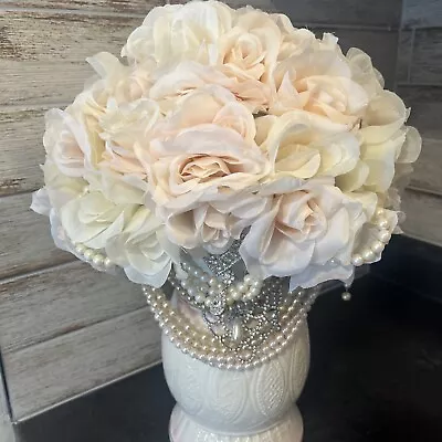 Bridal Bouquet Cream Pink Roses Brooch Rhinestones Draped Pearls Vintage Style • $59