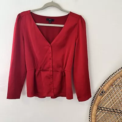 J. Crew Red Satin Button Front V Neck Cinched Waist Blouse Size 2 • $24.99