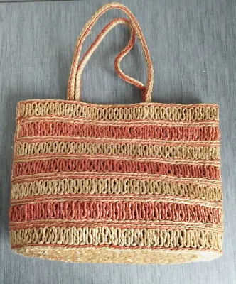 Vintage Natural Jute Striped Shopping Beach Shoulder Tote Bag Handcrafted • £24.99