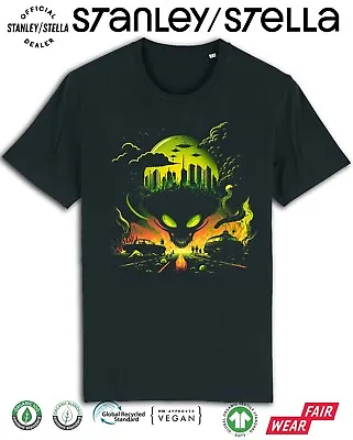 Mens ALIEN INVASION T-Shirt UFO Space Sci-Fi Organic Aliens Invading Earth Tee • £8.99