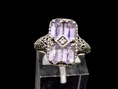 Vintage Genuine Amethyst Diamond Ring Filigree Deco 925 Sterling Silver Pd Sz 6 • $89.10