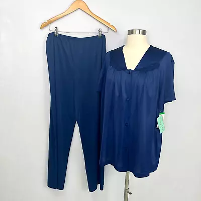 Vanity Fair VTG 2-Piece Silky Nylon Dark Blue Pajama Set Size Large NWT • $29.99