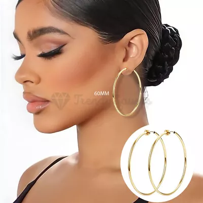 Clip On Hoop Earrings 60MM Big Circle Stainless Steel Gold Plated Fake Piercing • £3.99