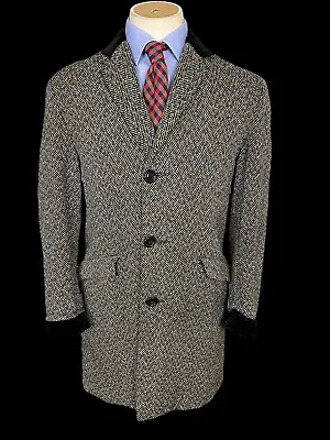 Vintage Teddy Boy Coat Overcoat 42” Herringbone Velvet Collar & Cuffs Mod Retro • £75