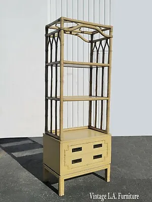 Tall Vintage Mid Century Chinoiserie Asian Yellow Etagere Bamboo Rattan Bookcase • $1250