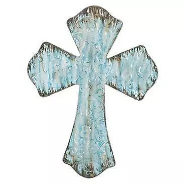  Rustic Turquoise Metal Wall Cross With Embossed Swirls  • $20.24