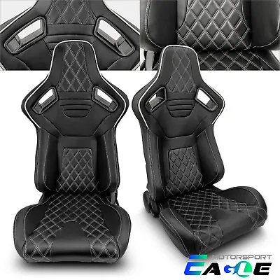 2 X Black PVC Main Grey SideWhite Line Reclinable Racing Seats Left&Right Pair • $306.98