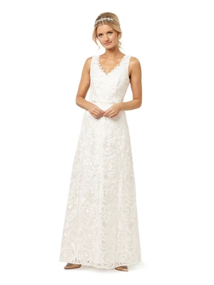 $185 • Buy White Sleeveless V-neck Embroidered Sequined Maxi Wedding Dress Size 12