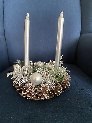 Silver Tinsel Candle Holder Centerpiece 8  Round Pine Cone Branches Christmas • $8